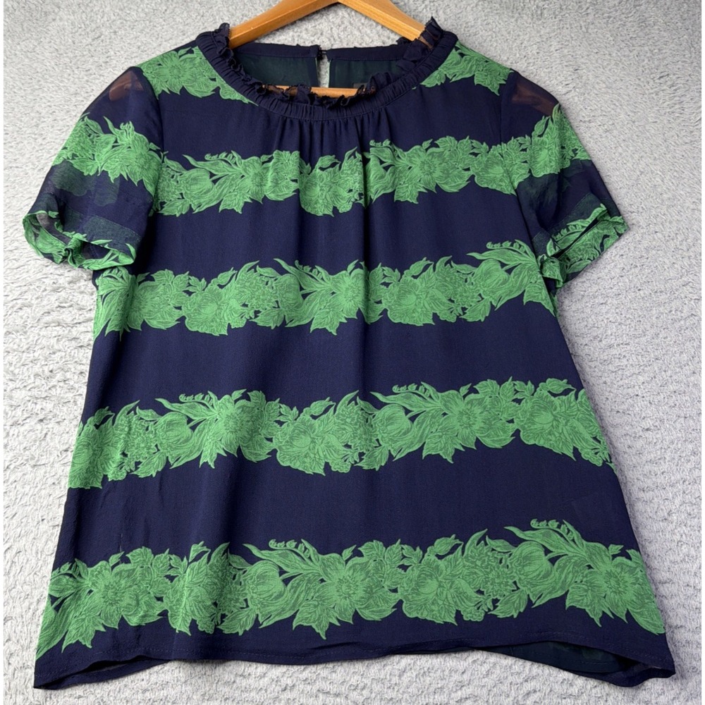 J Crew Top Womens 6 Blouse Green Navy Blue Lined 100% Silk Sheer Short Sleeves